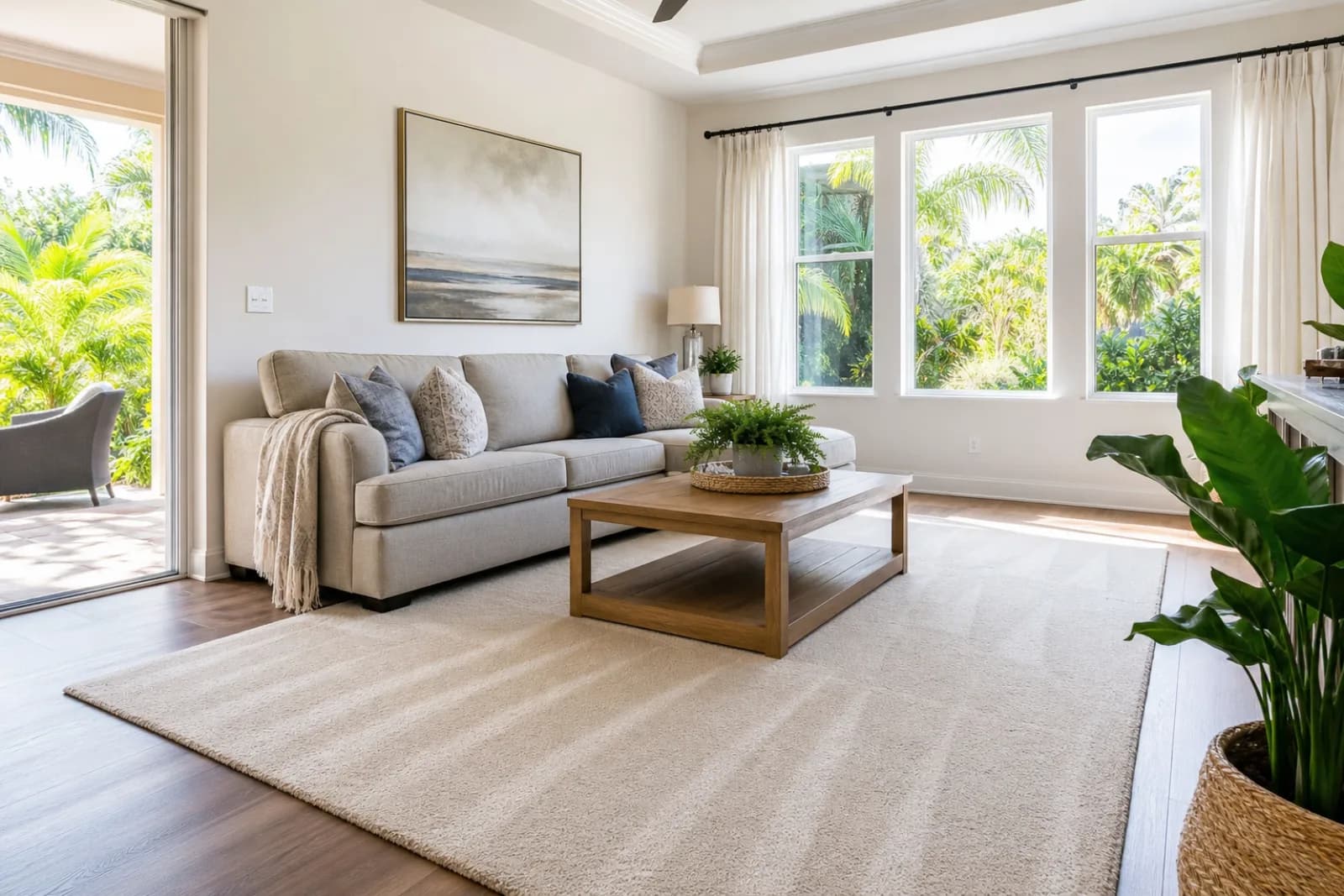 Tidy sunlit living room with a freshly vacuumed rug