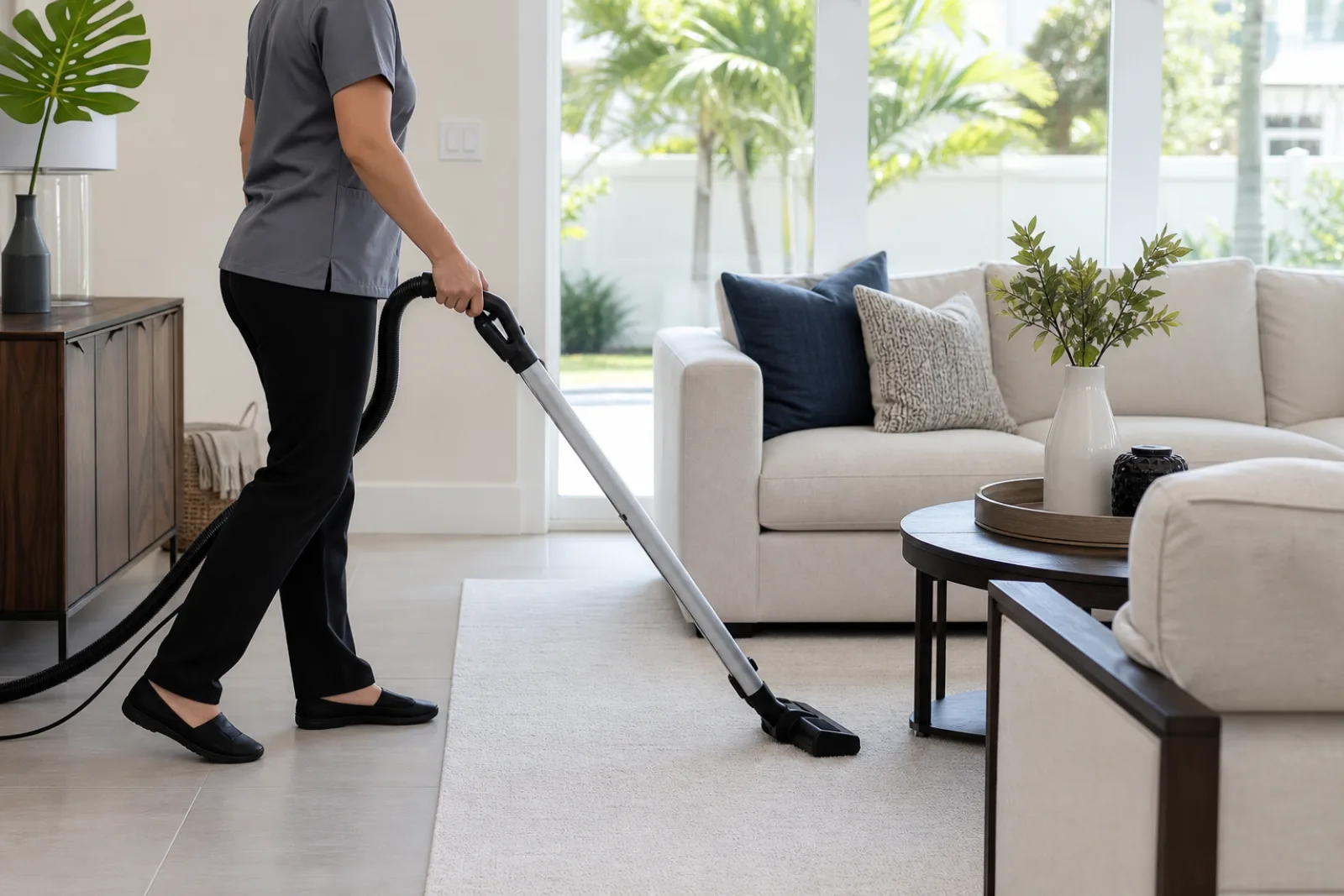 Professional cleaner vacuuming a bright living room